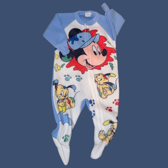 Vintage Disney Mickey and Baby Pluto Fleece Sleeper Footed Pajamas 12Mo 1T - Picture 1 of 3